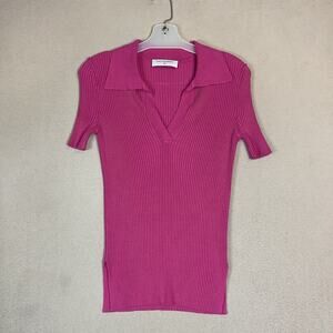Salt Murphy Shirt Womens XS Pink Ribbed Stretch Short Sleeve V Neck Blouse
